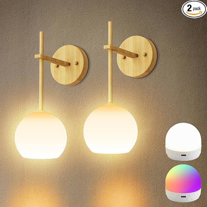Wood Grain Battery Operated Wall Sconces Set of 2, Rechargeable Wireless Wall Lights with Milky White Frosted Glass, 12 RGB and 3CCT Dimmable Wall Lamps with Remote for Bedroom Living Room Hallway