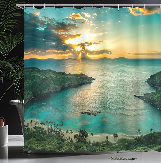 Ambesonne Hawaiian Shower Curtain, Sunrise Over Hanauma Bay Oahu Hawaii Sunbeams Through Clouds Shoreline, Cloth Fabric Bathroom Decor Set with Hooks, 69" W x 75" L, Turquoise Green Yellow