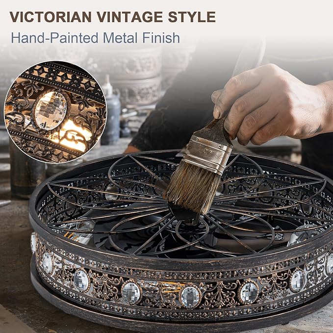 19" Vinctorian Caged Ceiling Fan with Light Flush Mount Fandelier | Vintage Rustic Crystal Chandelier, Low Profile Small Enclosed Bladeless Fandalier for Bedroom Entryway, 4 E26 Bulb Bases