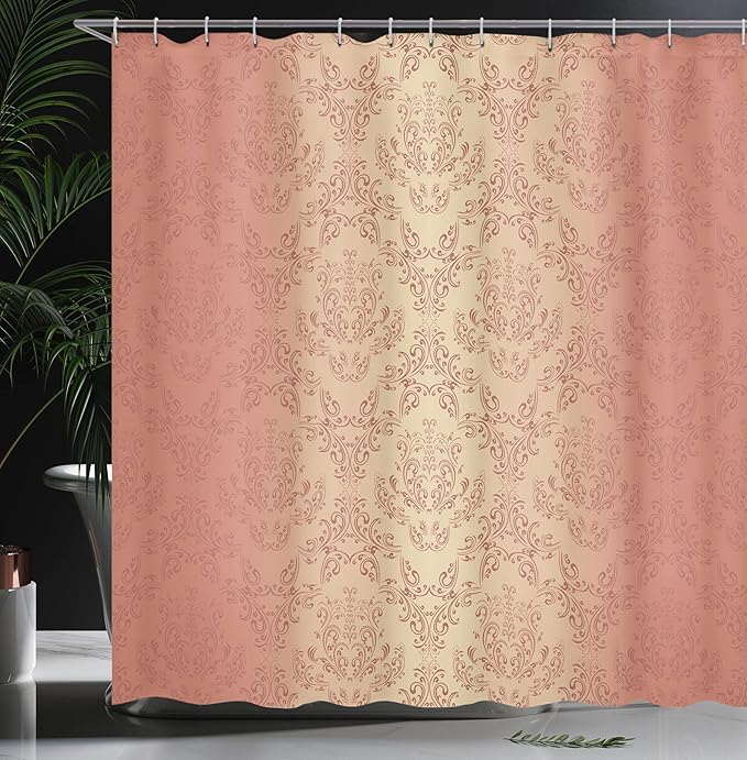 Ambesonne Vintage Shower Curtain, Antique Baroque Floral Swirling Patterns Victorian Vintage Retro Style, Cloth Fabric Bathroom Decor Set with Hooks, 69" W x 84" L, Salmon Peach