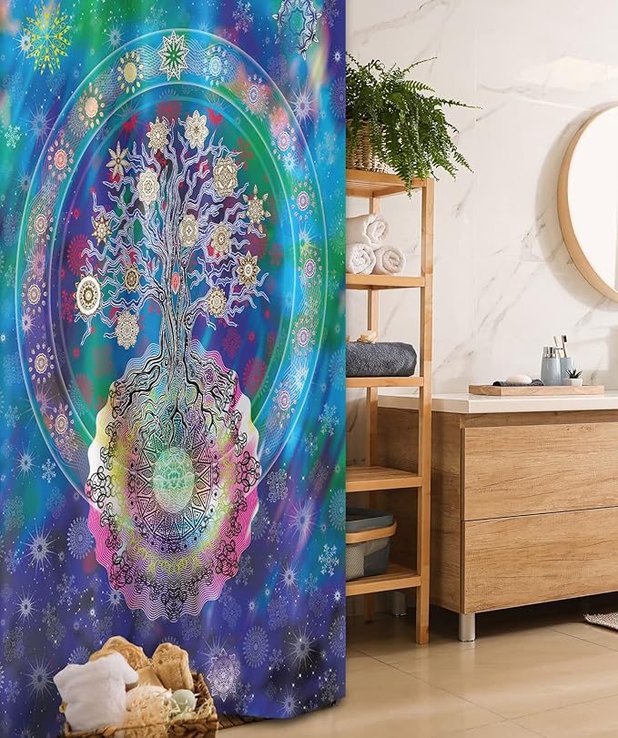 Ambesonne Mandala Stall Shower Curtain, Tree of Life Floral Style Mandala Calm Artwork Peace Design Natural Scenery, Fabric Bathroom Decor Set with Hooks, 36" W x 72" L, Blue Purple