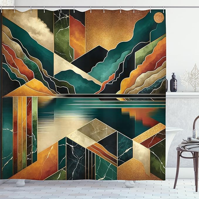 Ambesonne Mid Century Modern Shower Curtain, Lake Mountains and Cloudy Sky Surreal Boho Marble Print Landscape, Cloth Fabric Bathroom Decor Set with Hooks, 69" W x 75" L, Ginger Dark Teal