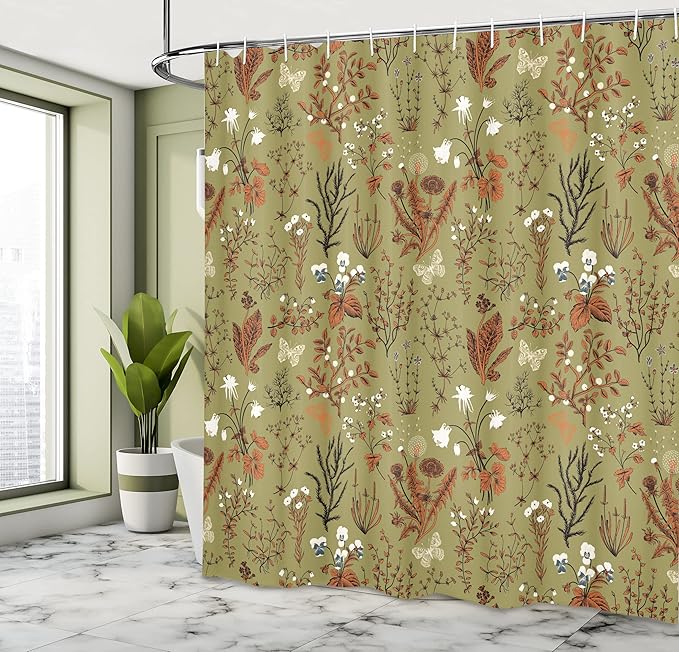 Ambesonne Floral Shower Curtain, Vintage Garden Plants Herbs Flowers Botanical Classic Design Illustration, Cloth Fabric Bathroom Decor Set with Hooks, 69" W x 70" L, Dark Orange