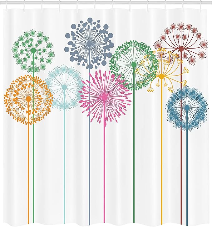 Ambesonne Floral Shower Curtain, Flower Inspired Artwork Colorful Dandelions on White Background Illustration Print, Cloth Fabric Bathroom Decor Set with Hooks, 69" W x 70" L, Fern Green