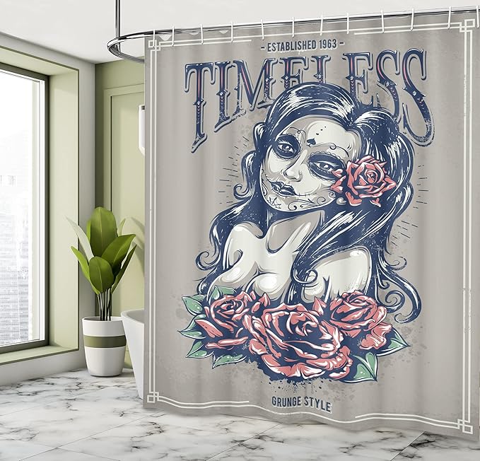 Ambesonne Skull Shower Curtain, Day of The Dead Girl with Tattoos Roses Lady Witch Woman Sign Art Print, Cloth Fabric Bathroom Decor Set with Hooks, 69" W x 70" L, Night Blue