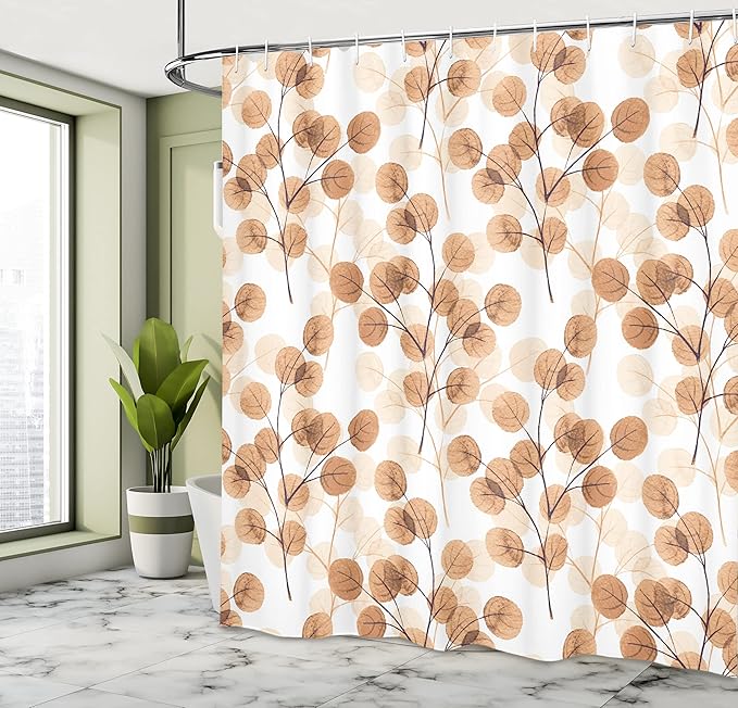Ambesonne Nature Shower Curtain, Soft Colored Bay Leaf Watercolor Branches Growth Essence Image Print, Cloth Fabric Bathroom Decor Set with Hooks, 69" W x 75" L, Dark Peach