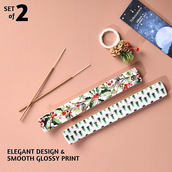 Folkulture Set of 2 Incense Holder or Incense Burner, 10 Inch Modern Insence Holder for Sticks, Wooden Ash Catcher for Christmas Decorations, Insenses Holder - Mango Wood, Seasons