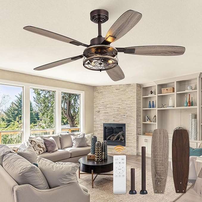 Fanbulous Farmhouse Ceiling Fan with Light and Remote, Industrial Caged Flush Mount Ceiling Fans with 6 Speed Reversible Motor and Dual Finish 5 Blades, for Living room, Bedroom (Oil Bronze, 52Inch)