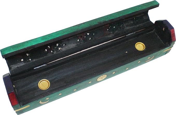 New Age Carved Coffin Celestial Brass Inlay Ash Catcher Incense Stick & Cone Holder [12"] - ID#142001