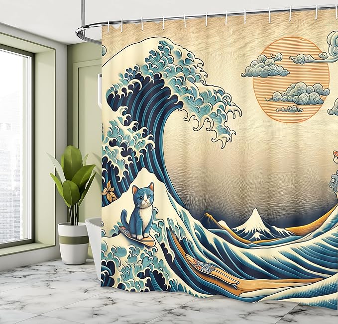 Ambesonne Funny Shower Curtain, Classic Japanese Waves Illustration Featuring Surfing Happy Cat Boho Asian, Cloth Fabric Bathroom Decor Set with Hooks, 69" W x 75" L, Sand Brown Sea Blue