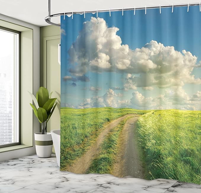 Ambesonne Summer Shower Curtain, Summer Landscape Sunshines Over Grassland Road and Cloudscape Picture, Cloth Fabric Bathroom Decor Set with Hooks, 69" W X 70" L, Lime Green