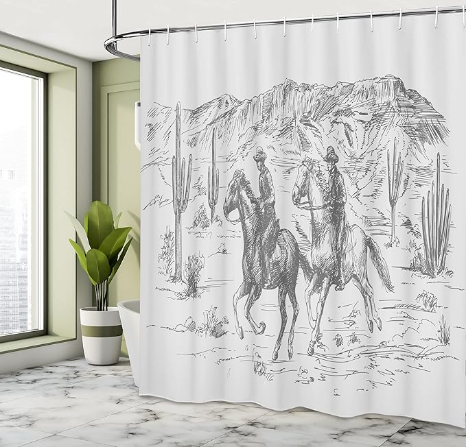 Ambesonne Western Shower Curtain, Country Theme Hand Drawn Illustration of American Wild West Desert with Cowboys, Cloth Fabric Bathroom Decor Set with Hooks, 69" W x 70" L, Light Grey
