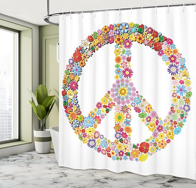 Ambesonne Groovy Shower Curtain, Floral Peace Sign Summer Spring Blooms Love Happiness Themed Illustration Print, Cloth Fabric Bathroom Decor Set with Hooks, 69" W x 75" L, White