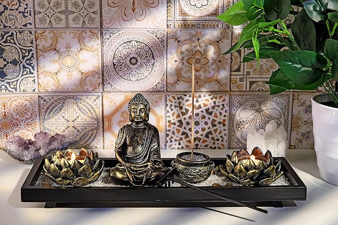 Jovivi Zen Garden Set Buddha Statue 2 Lotus Tealight Candle Holders, Mallet & Rocks and Crystals & Incense Burner Stick Holder Bowl & Wood Tray for Yoga Meditaion Home Table Decor Gift