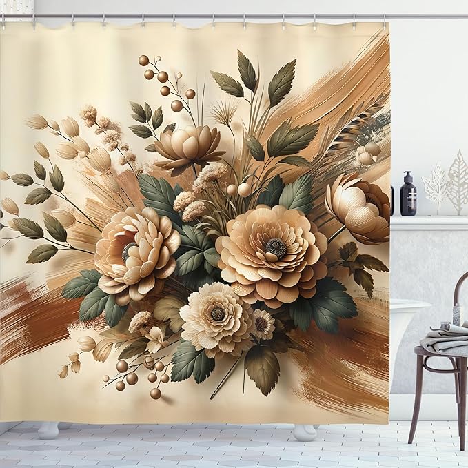 Ambesonne Tan Shower Curtain, Modern Farmhouse Feel Blooming Peony Flowery with Leaves Nostalgia Tones, Cloth Fabric Bathroom Decor Set with Hooks, 69" W x 84" L, Reseda Green Pale Caramel