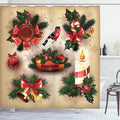 Ambesonne Christmas Shower Curtain, Vintage Style Classical Candle Bell Mistletoe Ribbon Bird Art Print, Cloth Fabric Bathroom Decor Set with Hooks, 69" W x 70" L, Multicolor Red