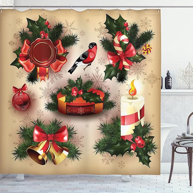 Ambesonne Christmas Shower Curtain, Vintage Style Classical Candle Bell Mistletoe Ribbon Bird Art Print, Cloth Fabric Bathroom Decor Set with Hooks, 69" W x 70" L, Multicolor Red