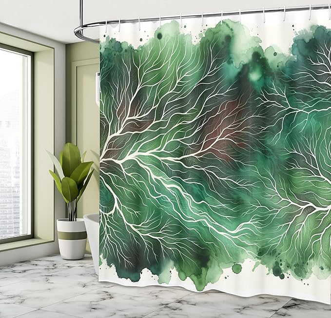 Ambesonne Dark Green Shower Curtain, Exotic Vibe of Ebru Ramifications on Aquarelle Paint Stained Style Art, Cloth Fabric Bathroom Decor Set with Hooks, 69" W x 75" L, Fern Green Off White