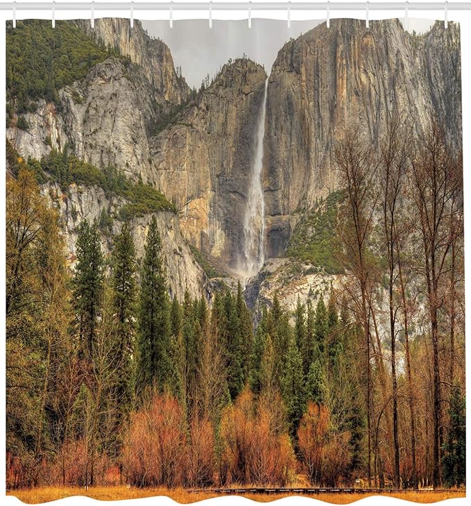 Ambesonne Yosemite Shower Curtain, Yosemite Falls Trees Mountain Cliff Autumn National Park California Nature Print, Cloth Fabric Bathroom Decor Set with Hooks, 69" W x 84" L, Orange Green