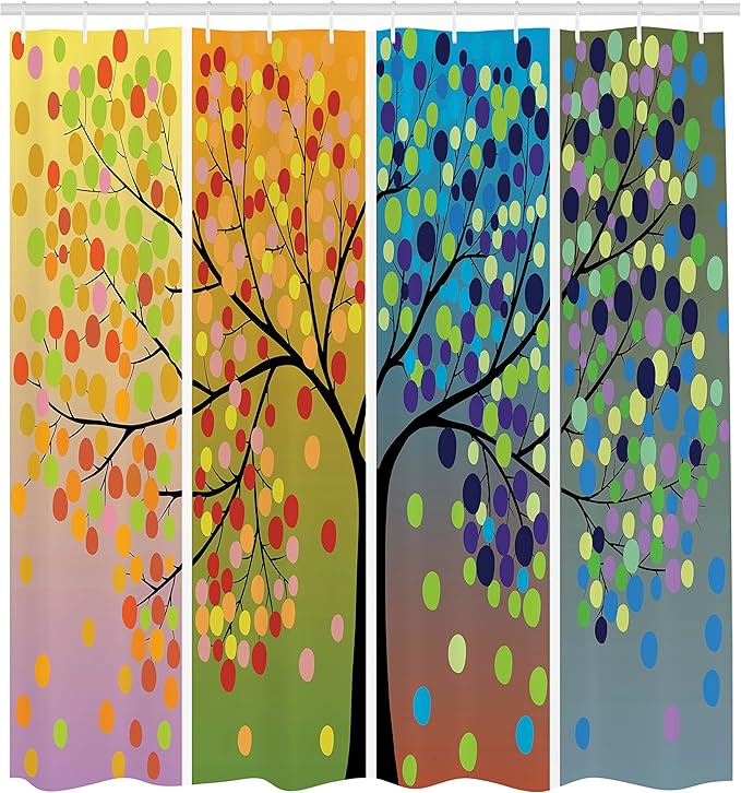 Ambesonne Colorful Shower Curtain, Tree Various Ornamentations Colorful Composition Cartoon Style Digital Drawing, Cloth Fabric Bathroom Decor Set with Hooks, 69" W x 70" L, Black White Multicolor