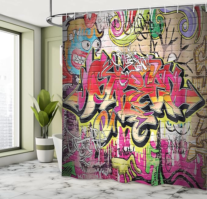 Ambesonne Brick Wall Shower Curtain, Graffiti on Wall Urban Street Art with Spray Paint Tagger Underground Theme, Cloth Fabric Bathroom Decor Set with Hooks, 69" W x 84" L, Soft Red