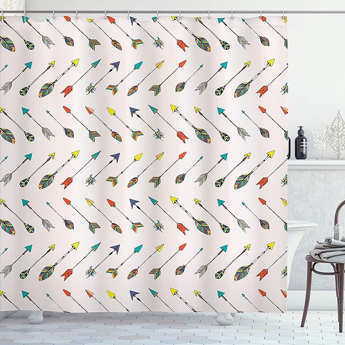 Ambesonne Arrows Shower Curtain, Arrows Design Vibrant Color Arrowheads Arrowtails Pattern Aztec Artwork, Cloth Fabric Bathroom Decor Set with Hooks, 69" W x 70" L, Orange Yellow Turquoise