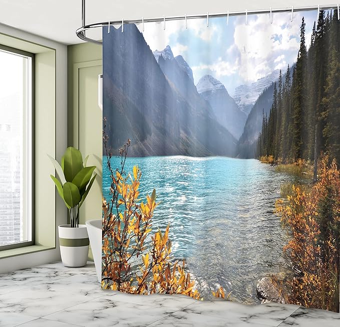 Ambesonne Landscape Shower Curtain, Lake Louise Banff National Park Canada Mountains Autumn Plants, Cloth Fabric Bathroom Decor Set with Hooks, 69" W x 70" L, Earth Yellow Pale Blue