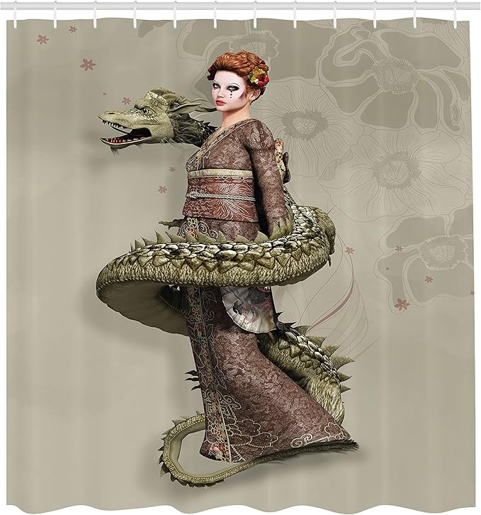 Ambesonne Fantasy Shower Curtain, Westernly Geisha with Cry Make-Up Wrapped by Spiralling Dragon, Cloth Fabric Bathroom Decor Set with Hooks, 69" W x 75" L, Eggshell Green