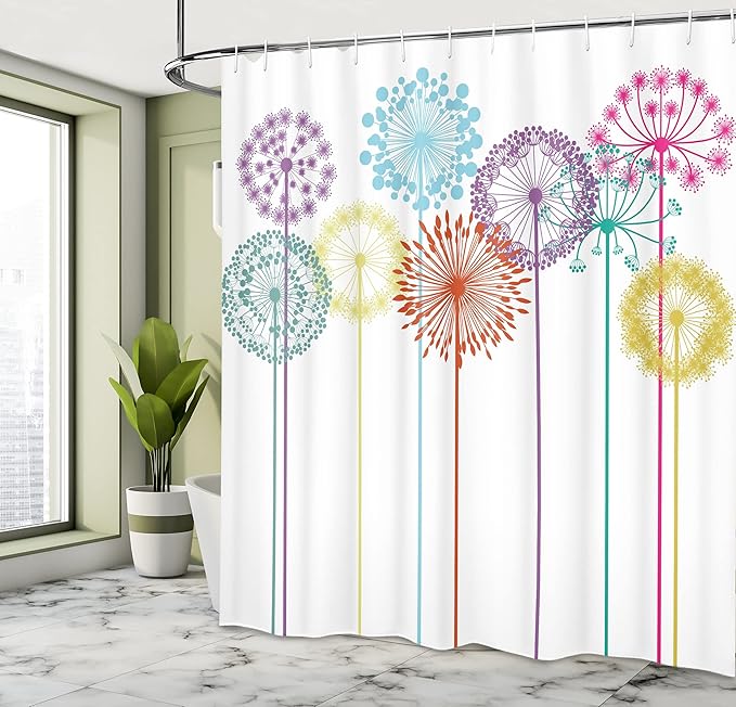 Ambesonne Abstract Shower Curtain, Colorful Modern Motives Spring Art on White Background Illustration Print, Cloth Fabric Bathroom Decor Set with Hooks, 69" W x 75" L, Purple Blue