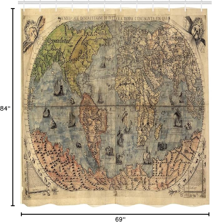 Ambesonne Antique Shower Curtain,Vintage Look of The Atlas Map of World Global History on Stained Paper with Oceans and Lands, Cloth Fabric Bathroom Decor Set with Hooks, 69" W x 84" L, Cream Green