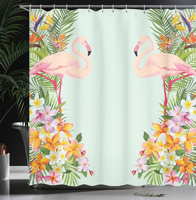 Ambesonne Floral Shower Curtain, Flamingo Birds and Tropical Flowers Exotic Hawaiian Wildlife Animals Print, Cloth Fabric Bathroom Decor Set with Hooks, 69" W x 75" L, Pale Blue Orange