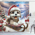 Ambesonne Christmas Shower Curtain, Fluffy Puppy with Big Eyes in a Santa Hat with Xmas Tree Ornaments, Cloth Fabric Bathroom Decor Set with Hooks, 69" W x 84" L, Ceil Blue Scarlet White