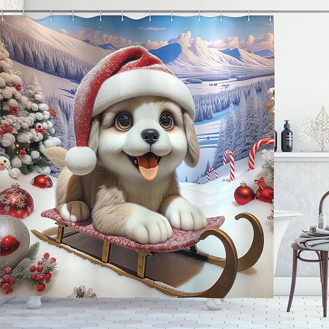 Ambesonne Christmas Shower Curtain, Fluffy Puppy with Big Eyes in a Santa Hat with Xmas Tree Ornaments, Cloth Fabric Bathroom Decor Set with Hooks, 69" W x 70" L, Ceil Blue Scarlet White