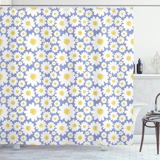 Ambesonne Floral Shower Curtain, Pastel Cartoon Like Flowers Daisies Spring Time Season Artwork Print, Cloth Fabric Bathroom Decor Set with Hooks, 69" W x 70" L, Ceil Blue