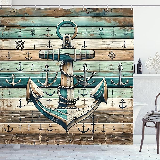 Ambesonne Nautical Shower Curtain, Sailing Rustic Style Anchor with Weathered Wooden Plank Look Print, Cloth Fabric Bathroom Decor Set with Hooks, 69" W x 70" L, Teal Seafoam Pale Brown