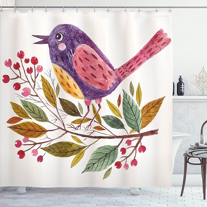 Ambesonne Leaf Shower Curtain, Watercolor Styled Effect a Bird Sitting on a Branch with Leaves Print, Cloth Fabric Bathroom Decor Set with Hooks, 69" W x 75" L, Apple Green