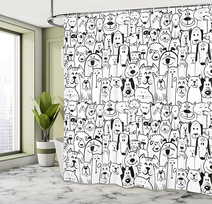 Ambesonne Pet Shower Curtain, Group of Dogs and Cats Animals Fun Happy Beings Cartoon Inspired Design, Cloth Fabric Bathroom Decor Set with Hooks, 69" W x 75" L, Black and White