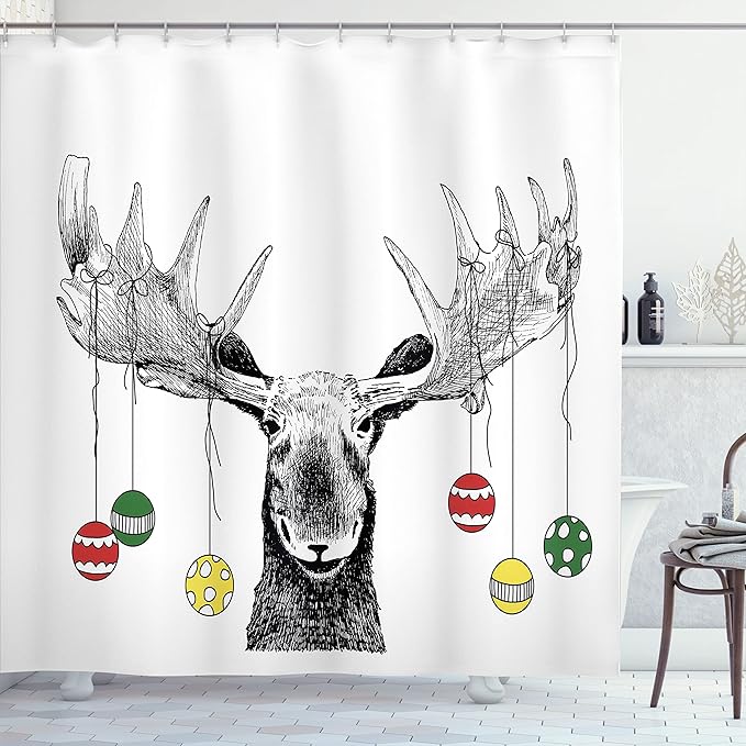 Ambesonne Christmas Shower Curtain, Christmas Moose with Xmas Ornaments Balls Hanging from Horns Funny Noel Sketch Art, Cloth Fabric Bathroom Decor Set with Hooks, 69" W x 70" L, Multicolor Black