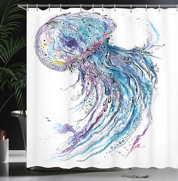 Ambesonne Jellyfish Shower Curtain, Aqua Colors Art Ocean Animal Print Sketch Style Creative Sea Marine Theme, Cloth Fabric Bathroom Decor Set with Hooks, 69" W x 70" L, Blue White
