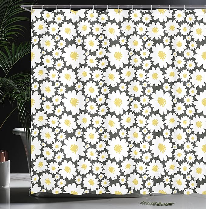 Ambesonne Floral Shower Curtain, Pastel Cartoon Like Flowers Daisies Spring Time Season Artwork Print, Cloth Fabric Bathroom Decor Set with Hooks, 69" W x 70" L, Dark Grey