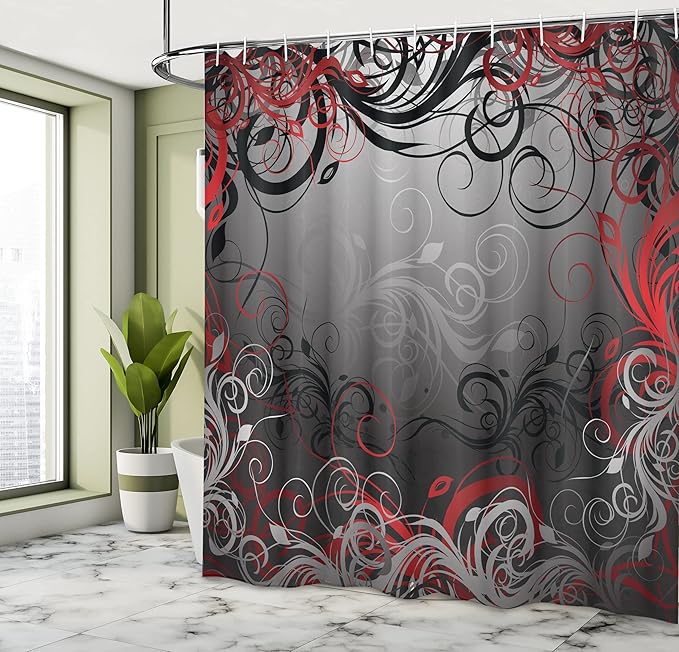 Ambesonne Abstract Shower Curtain, Mystic Forest Floral Swirls Leaves Nature Fading Ombre Effect, Cloth Fabric Bathroom Decor Set with Hooks, 69" W x 70" L, Charcoal Ruby