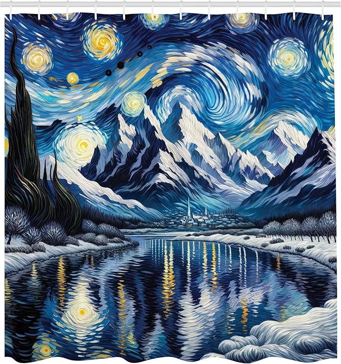 Ambesonne Painting Art Shower Curtain, Abstract Night Scenery with Impressionist Elements Starry Sky Lake, Cloth Fabric Bathroom Decor Set with Hooks, 69" W x 75" L, Royal Blue and Yellow