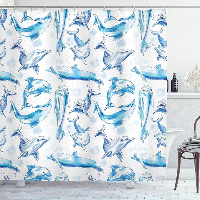 Ambesonne Sea Animals Shower Curtain, Sketch of Bottlenose Dolphins Playing Laughing in The Ocean Sea Life Print, Cloth Fabric Bathroom Decor Set with Hooks, 69" W x 70" L, Turquoise White
