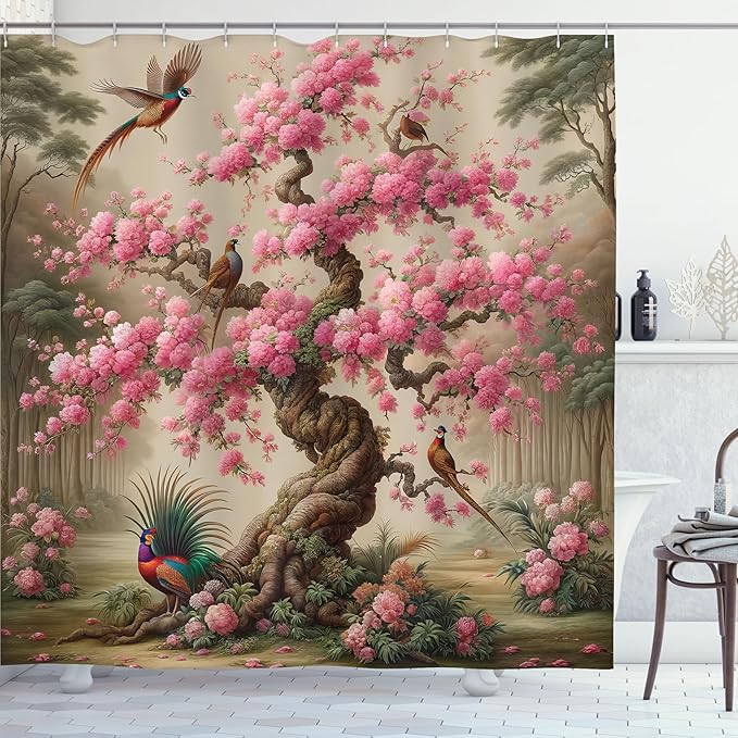 Ambesonne Spring Shower Curtain, Japanese Magic Sakura Tree with Colorful Crane Birds Vintage Framed Print, Cloth Fabric Bathroom Decor Set with Hooks, 69" W x 70" L, Pale Brown Pink Teal