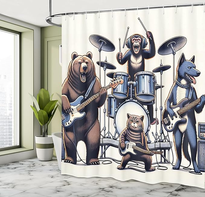Ambesonne Musician Animals Shower Curtain, Humorous Band with Wolf Bear Cat and Monkey Rock Concert, Cloth Fabric Bathroom Decor Set with Hooks, 69" W x 84" L, Lavender Blue Brown White