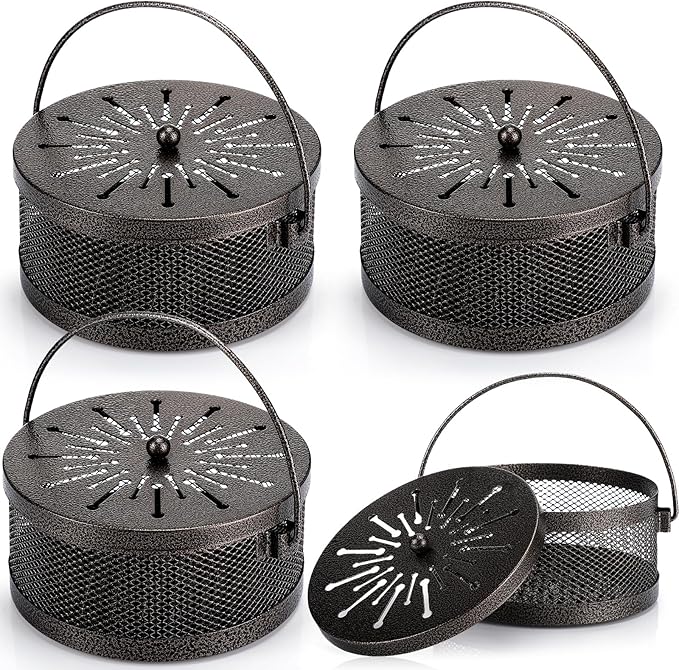 Lallisa 4 Pieces Mosquito Coil Holder Incense Coil Holder Round Retro Portable Metal Hanging Incense Burner with Handle for Home Camping Indoor Outdoor Patio(Bronze)