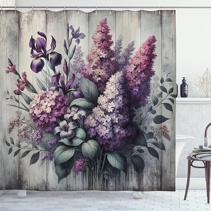 Ambesonne Lavender Shower Curtain, Nostalgia Farmhouse Blooming Iris Floral Purplish with Leaves Greenery, Cloth Fabric Bathroom Decor Set with Hooks, 69" W x 84" L, Dark Cadet Blue Indigo