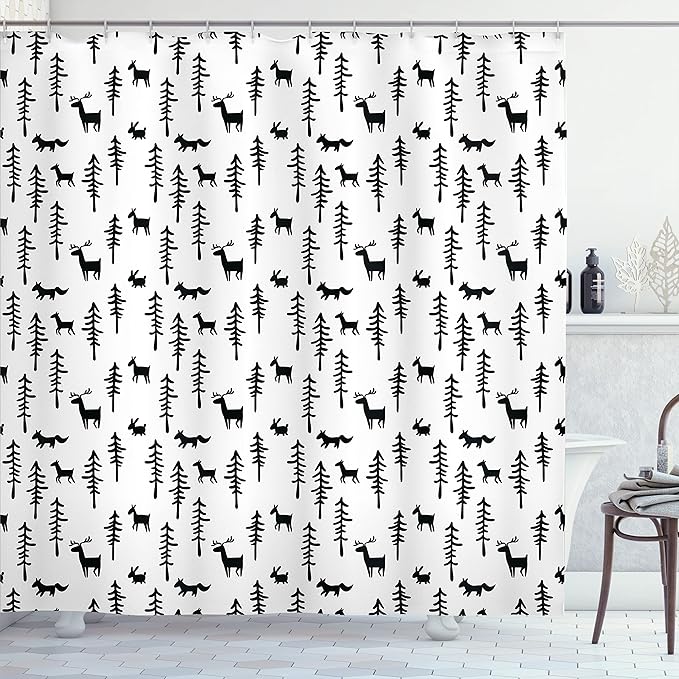 Ambesonne Forest Shower Curtain, Christmas Spirit Inspired Sketchy Reindeer Pine Trees Rabbits Animal Design, Cloth Fabric Bathroom Decor Set with Hooks, 69" W x 84" L, White Black