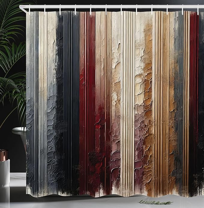 Ambesonne Striped Shower Curtain, Abstract Modern Oil Paint of Vertical Brushstroke Dark Autumn Tones Print, Cloth Fabric Bathroom Decor Set with Hooks, 69" W x 70" L, Maroon Camel Grey