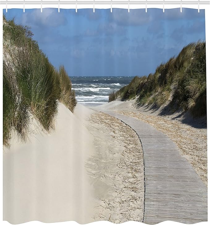 Ambesonne Beach Shower Curtain, Wavy Surface Traveling Greenery European Nature Shoreline Coastal View Cloudscape, Cloth Fabric Bathroom Decor Set with Hooks, 69" W x 70" L, Tan Blue Green